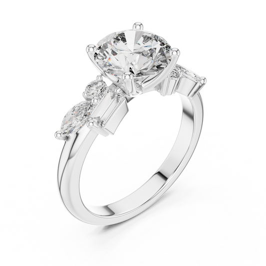 White gold lab grown diamond round cut ring with fancy-shaped accents, angled view