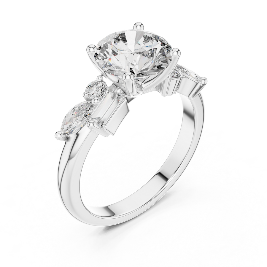 White gold lab grown diamond round cut ring with fancy-shaped accents, angled view