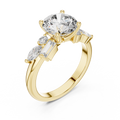 Yellow gold lab grown diamond round cut ring with fancy-shaped accents, angled view