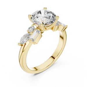 Yellow gold lab grown diamond round cut ring with fancy-shaped accents, angled view
