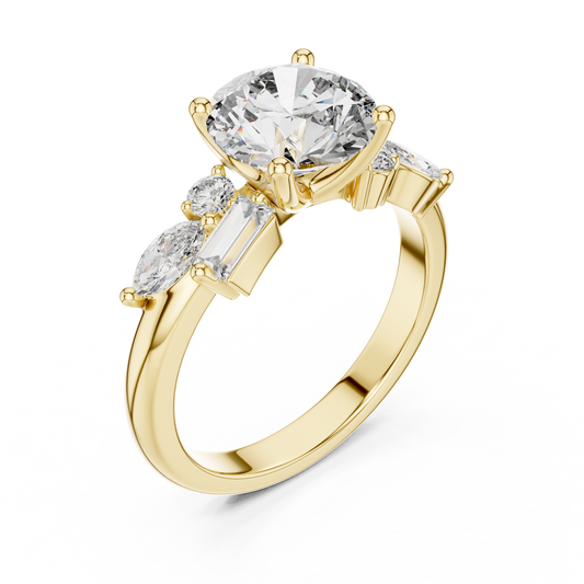 Yellow gold lab grown diamond round cut ring with fancy-shaped accents, angled view