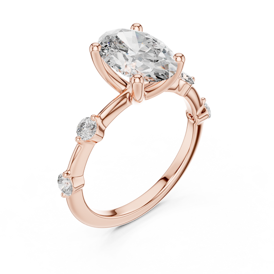 Rose gold lab grown diamond oval cut ring with spaced accents, angled view