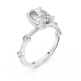 White gold lab grown diamond oval cut ring with spaced accents, angled view