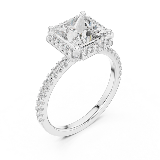 White gold lab grown diamond princess cut halo ring, angled view