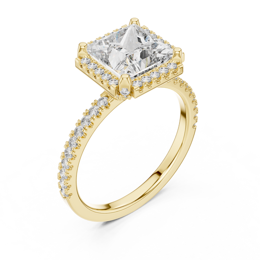 Yellow gold lab grown diamond princess cut halo ring, angled view
