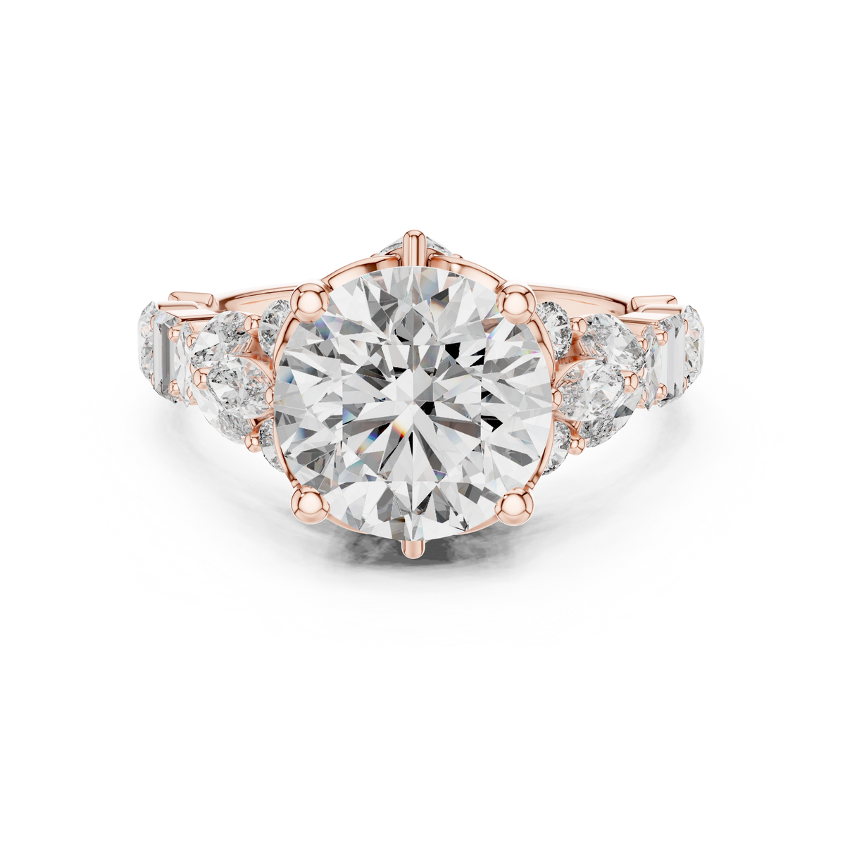 Rose gold 4 CT lab grown diamond round cut ring with fancy-shaped accents, front view