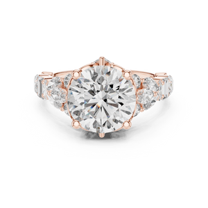 Rose gold 4 CT lab grown diamond round cut ring with fancy-shaped accents, front view