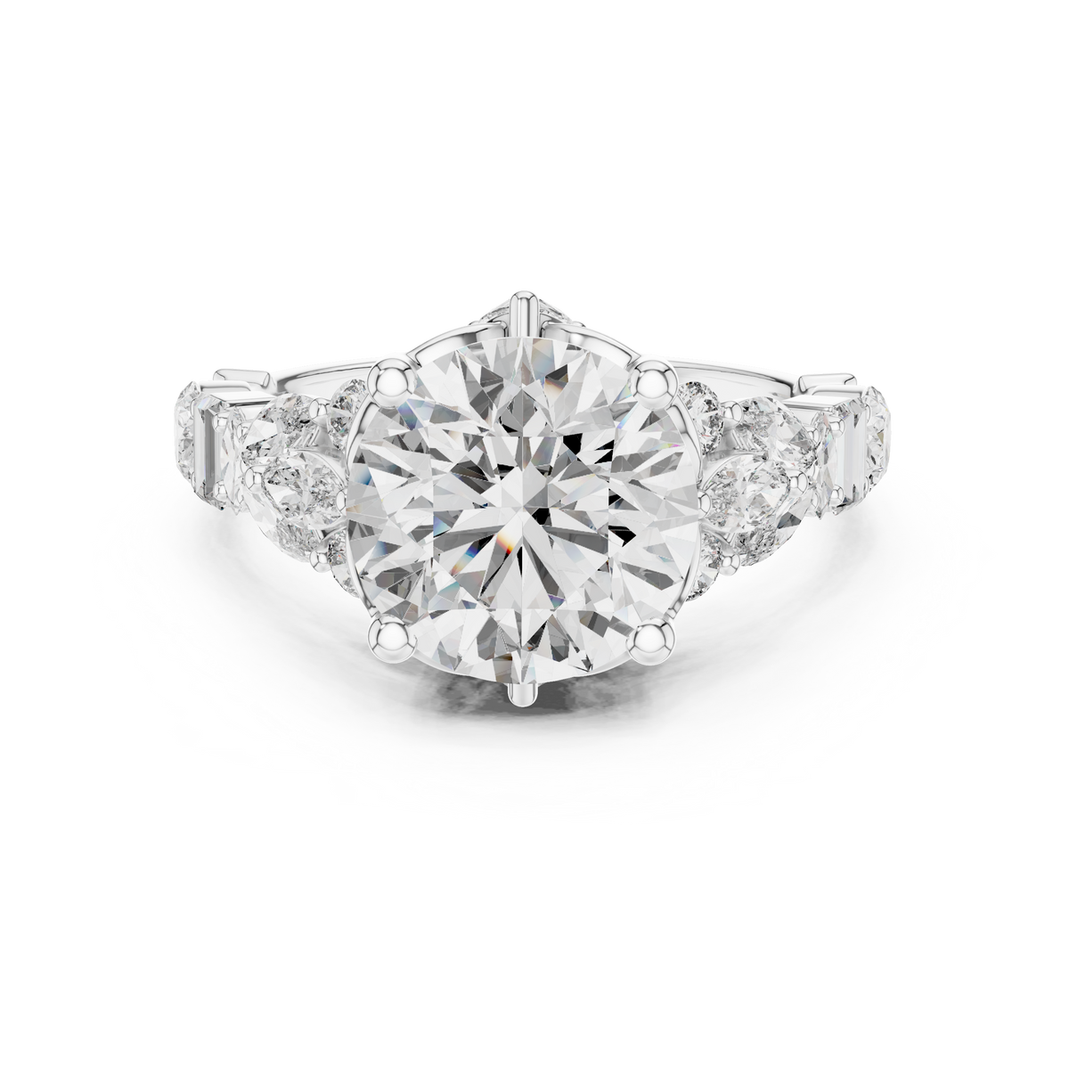 White gold 4 CT lab grown diamond round cut ring with fancy-shaped accents, front view