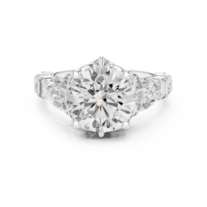 White gold 4 CT lab grown diamond round cut ring with fancy-shaped accents, front view
