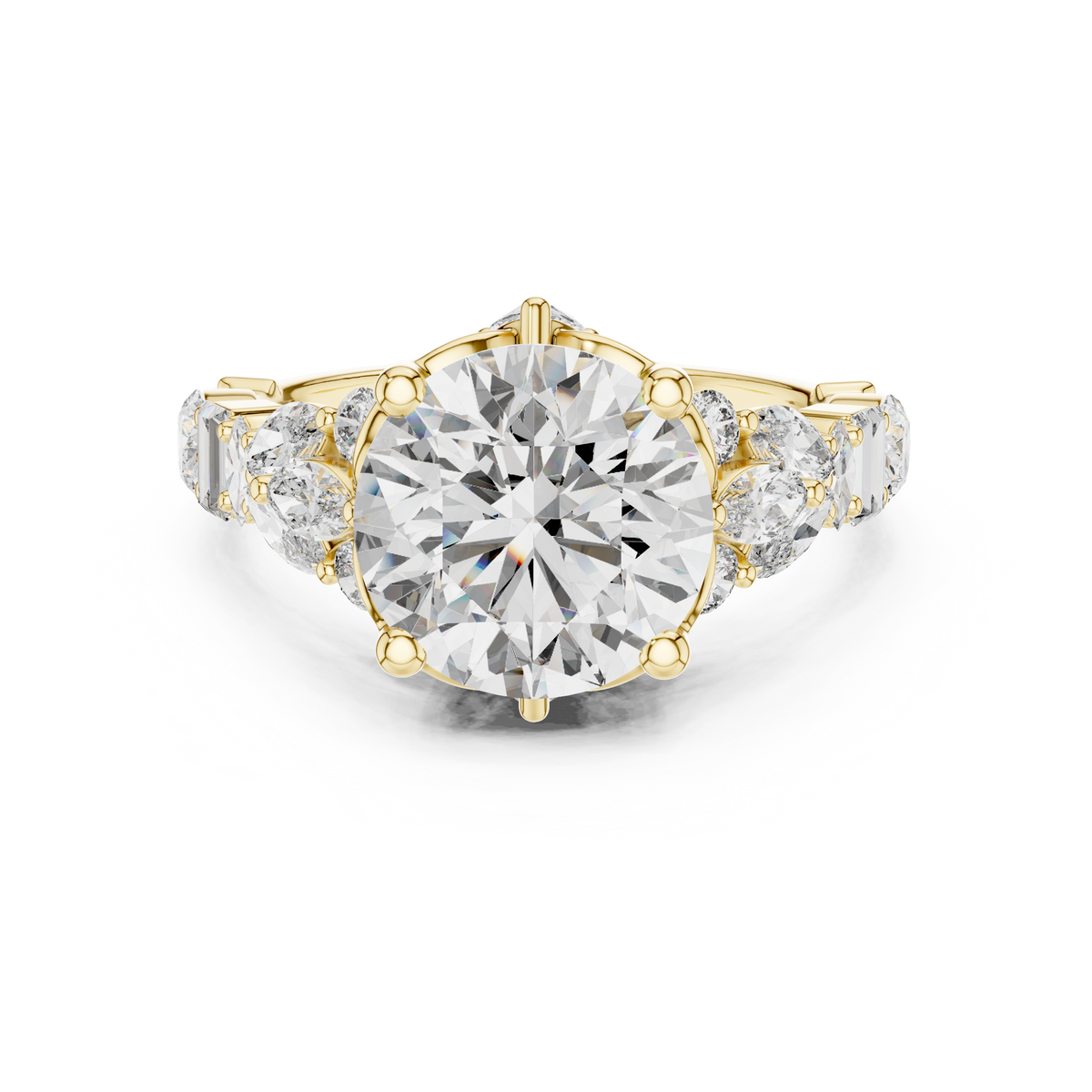 Yellow gold 4 CT lab grown diamond round cut ring with fancy-shaped accents, front view