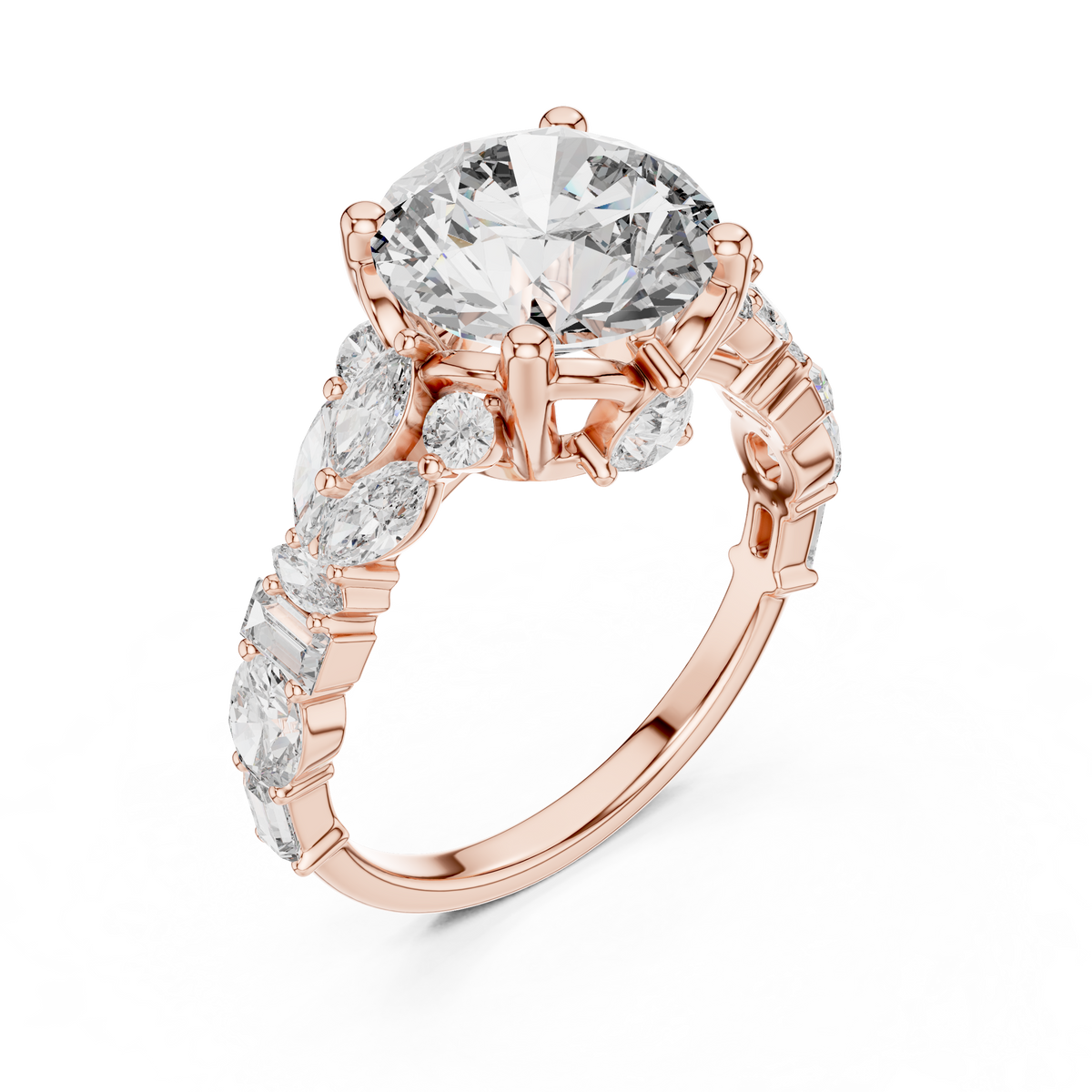 Rose gold lab grown diamond round cut ring with fancy-shaped accents, angled view