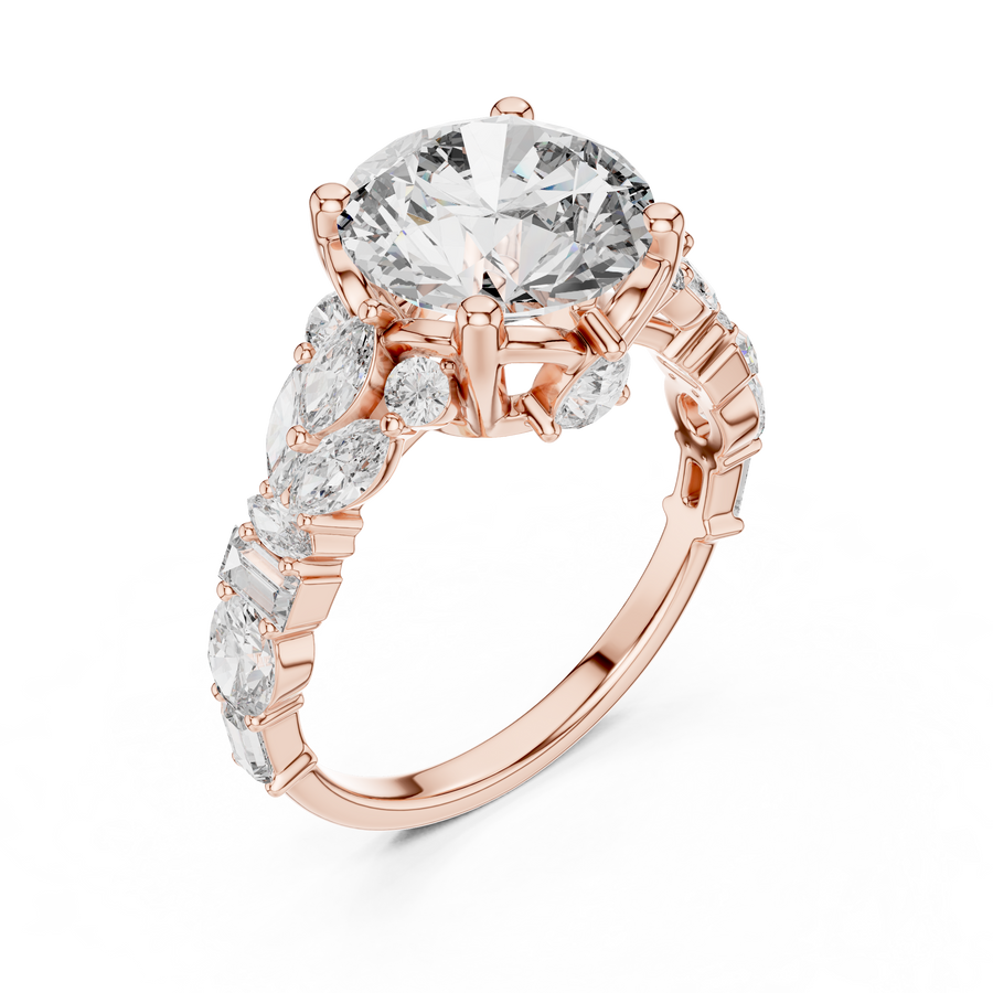 Rose gold lab grown diamond round cut ring with fancy-shaped accents, angled view
