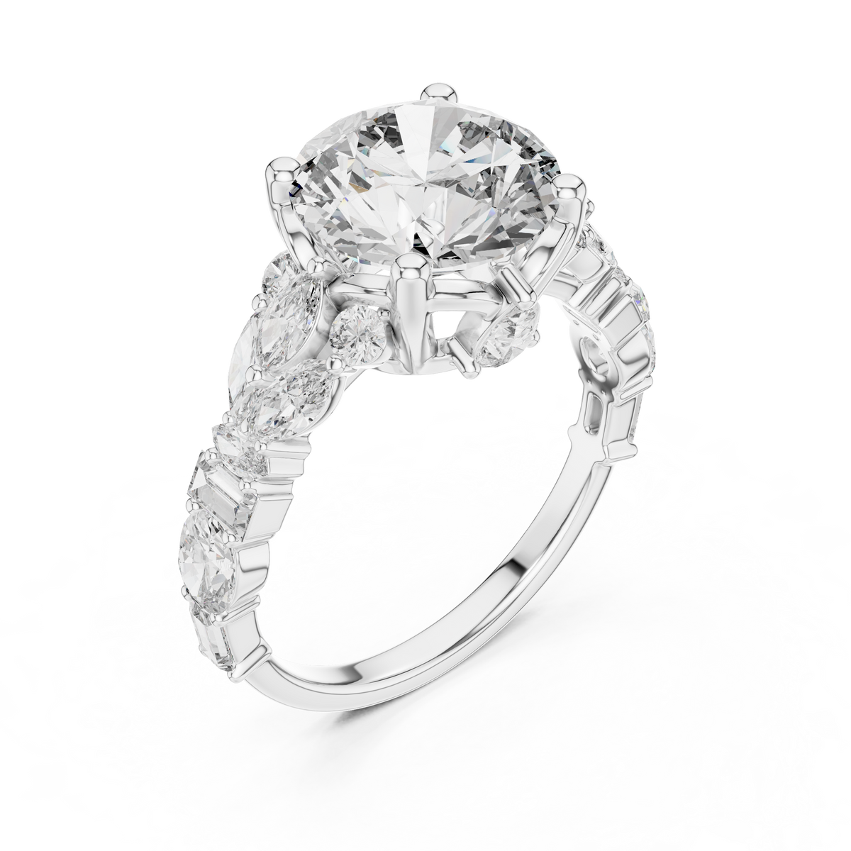 White gold lab grown diamond round cut ring with fancy-shaped accents, angled view