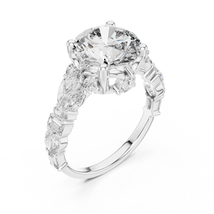 White gold lab grown diamond round cut ring with fancy-shaped accents, angled view