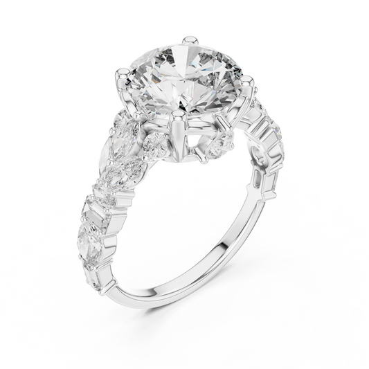 White gold lab grown diamond round cut ring with fancy-shaped accents, angled view