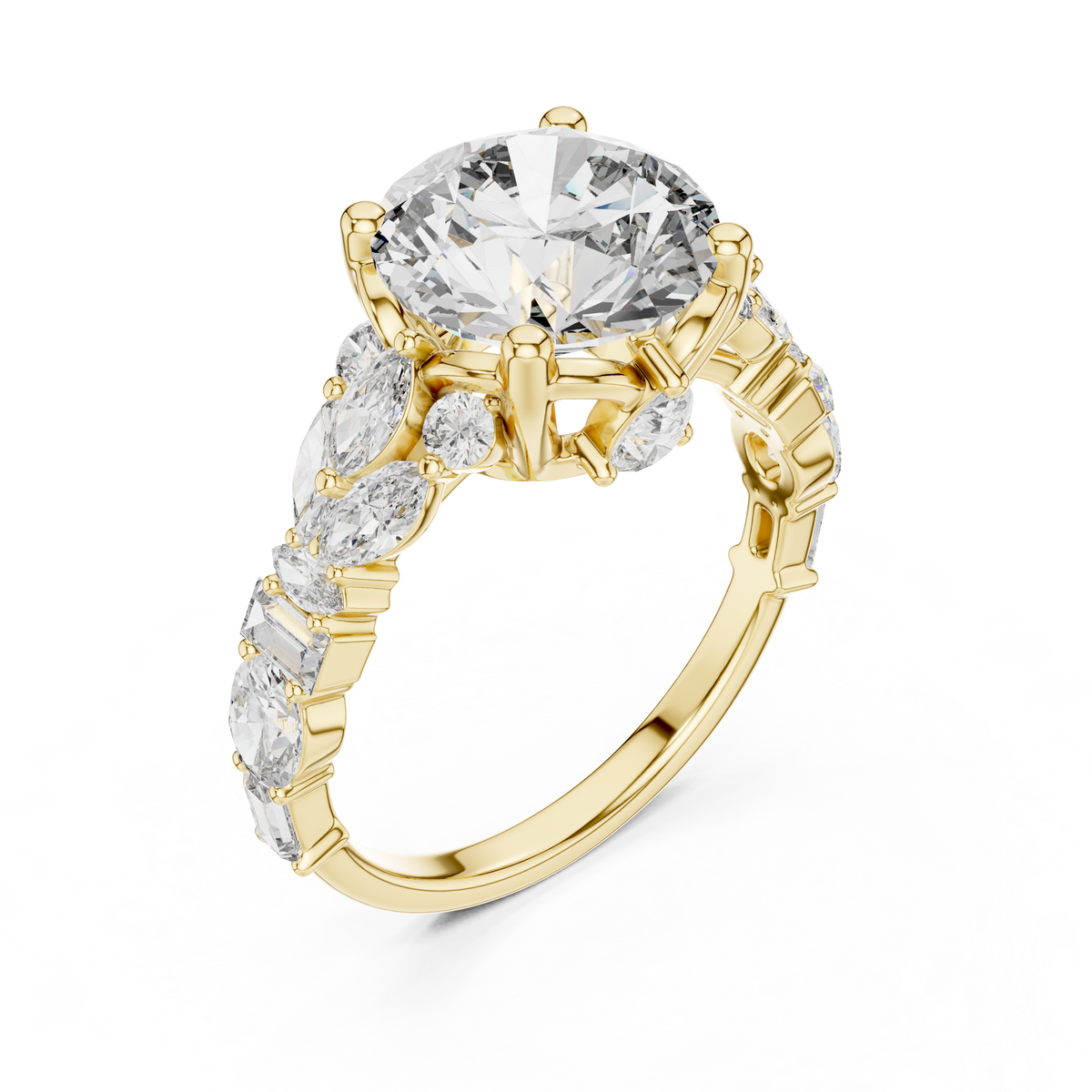 Yellow gold lab grown diamond round cut ring with fancy-shaped accents, angled view
