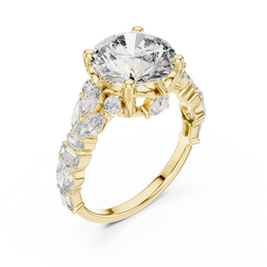 Yellow gold lab grown diamond round cut ring with fancy-shaped accents, angled view