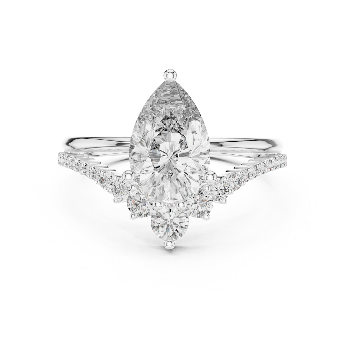 2 CT Pear Cut Lab Grown Diamond Engagement Ring with Crescent Accents