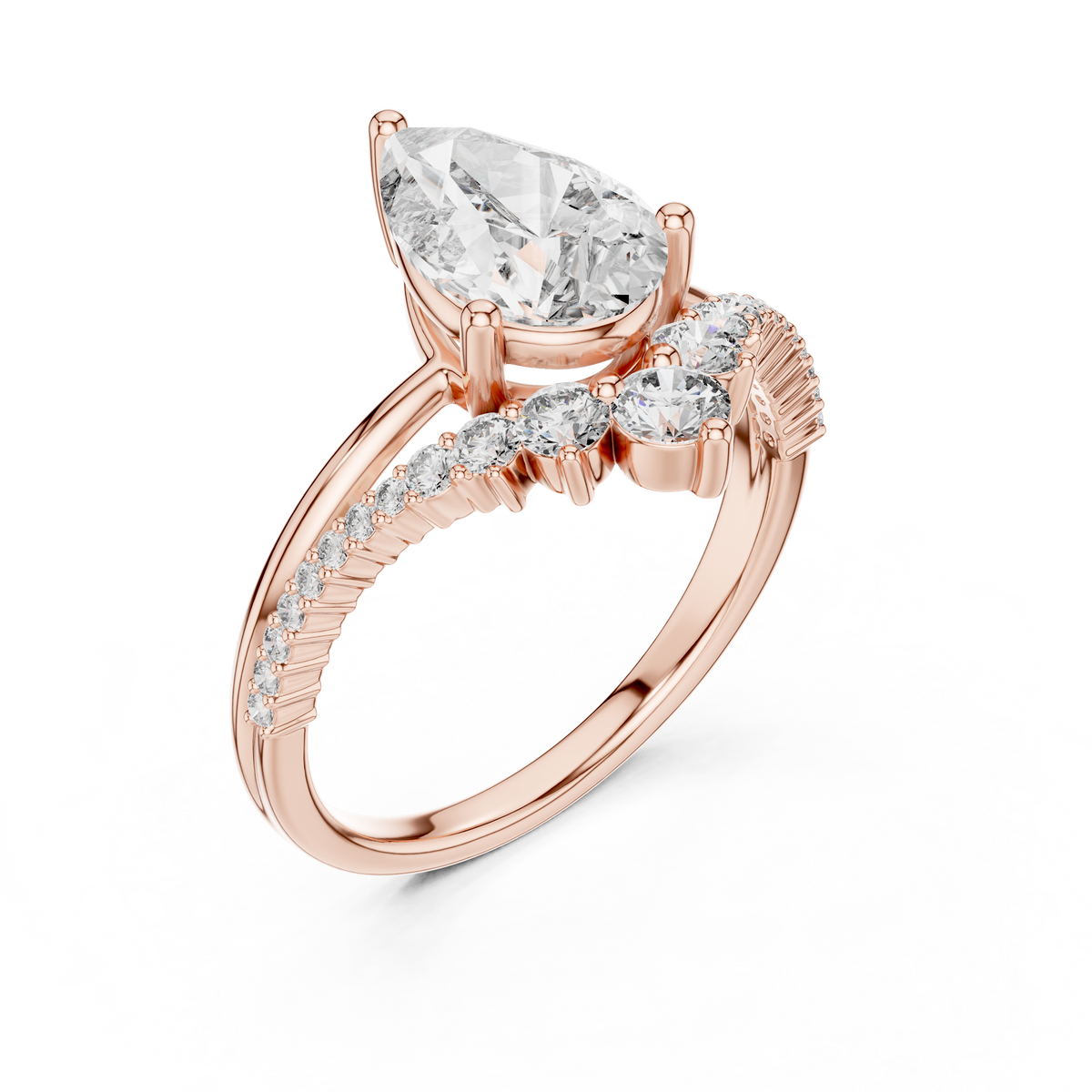 2 CT Pear Cut Lab Grown Diamond Engagement Ring with Crescent Accents
