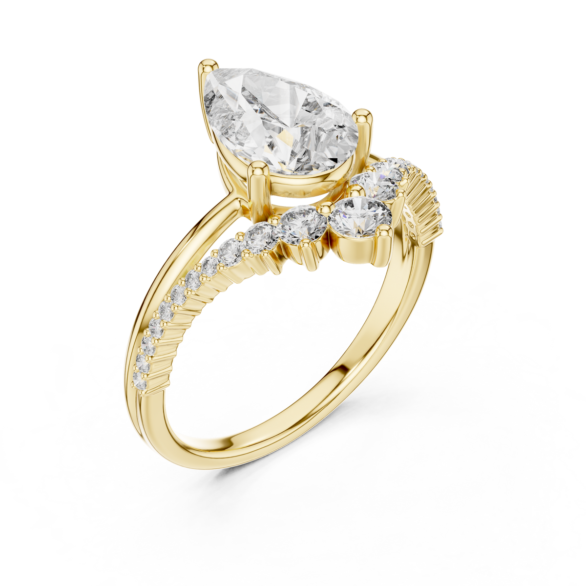 2 CT Pear Cut Lab Grown Diamond Engagement Ring with Crescent Accents