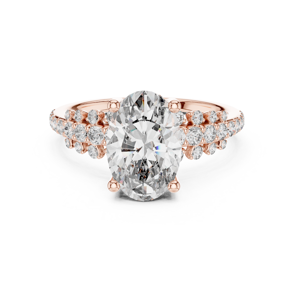 Rose gold 2 CT lab grown diamond oval cut ring with scattered accents, front view