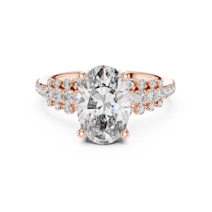 Rose gold 2 CT lab grown diamond oval cut ring with scattered accents, front view