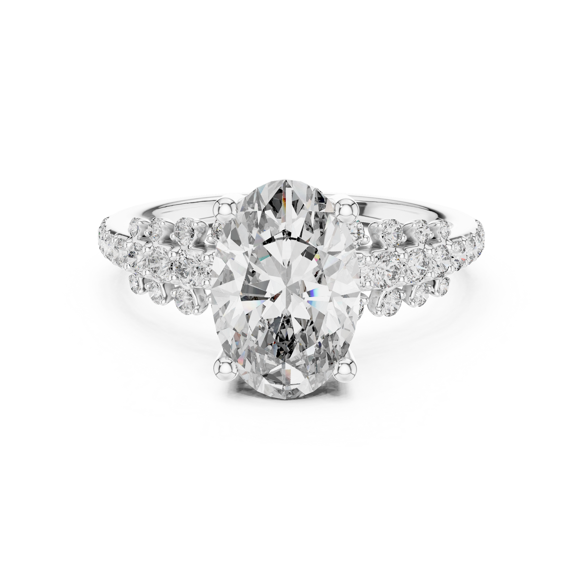 White gold 2 CT lab grown diamond oval cut ring with scattered accents, front view