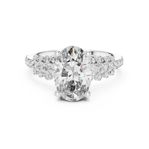 White gold 2 CT lab grown diamond oval cut ring with scattered accents, front view