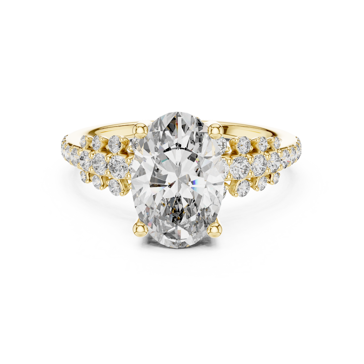 Yellow gold 2 CT lab grown diamond oval cut ring with scattered accents, front view