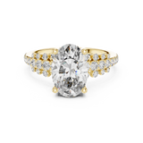 Yellow gold 2 CT lab grown diamond oval cut ring with scattered accents, front view