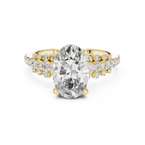 Yellow gold 2 CT lab grown diamond oval cut ring with scattered accents, front view