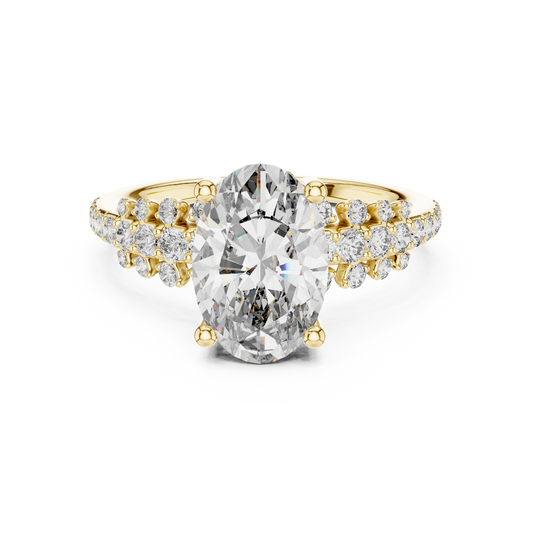 Yellow gold 2 CT lab grown diamond oval cut ring with scattered accents, front view