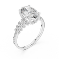 White gold lab grown diamond oval cut ring with scattered accents, angled view