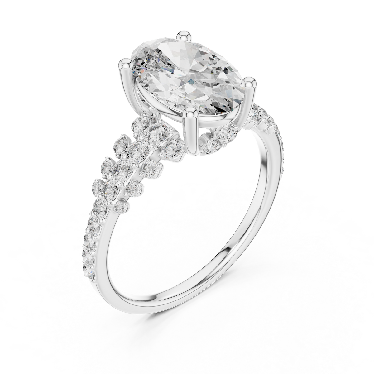 White gold lab grown diamond oval cut ring with scattered accents, angled view