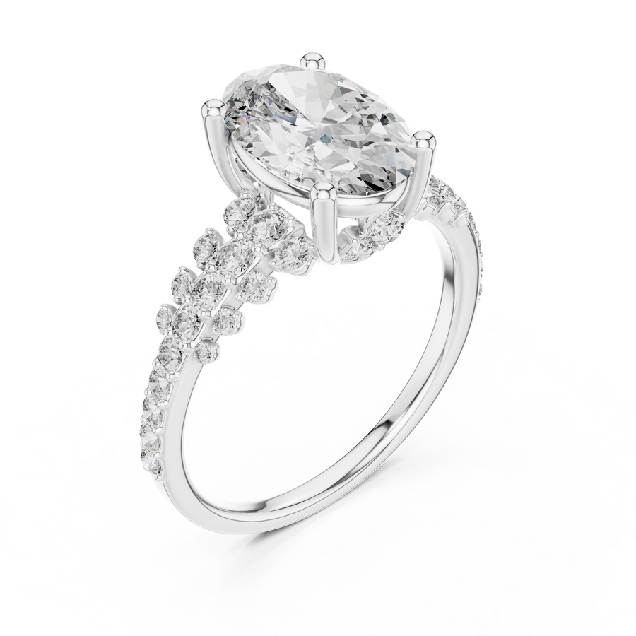 White gold lab grown diamond oval cut ring with scattered accents, angled view