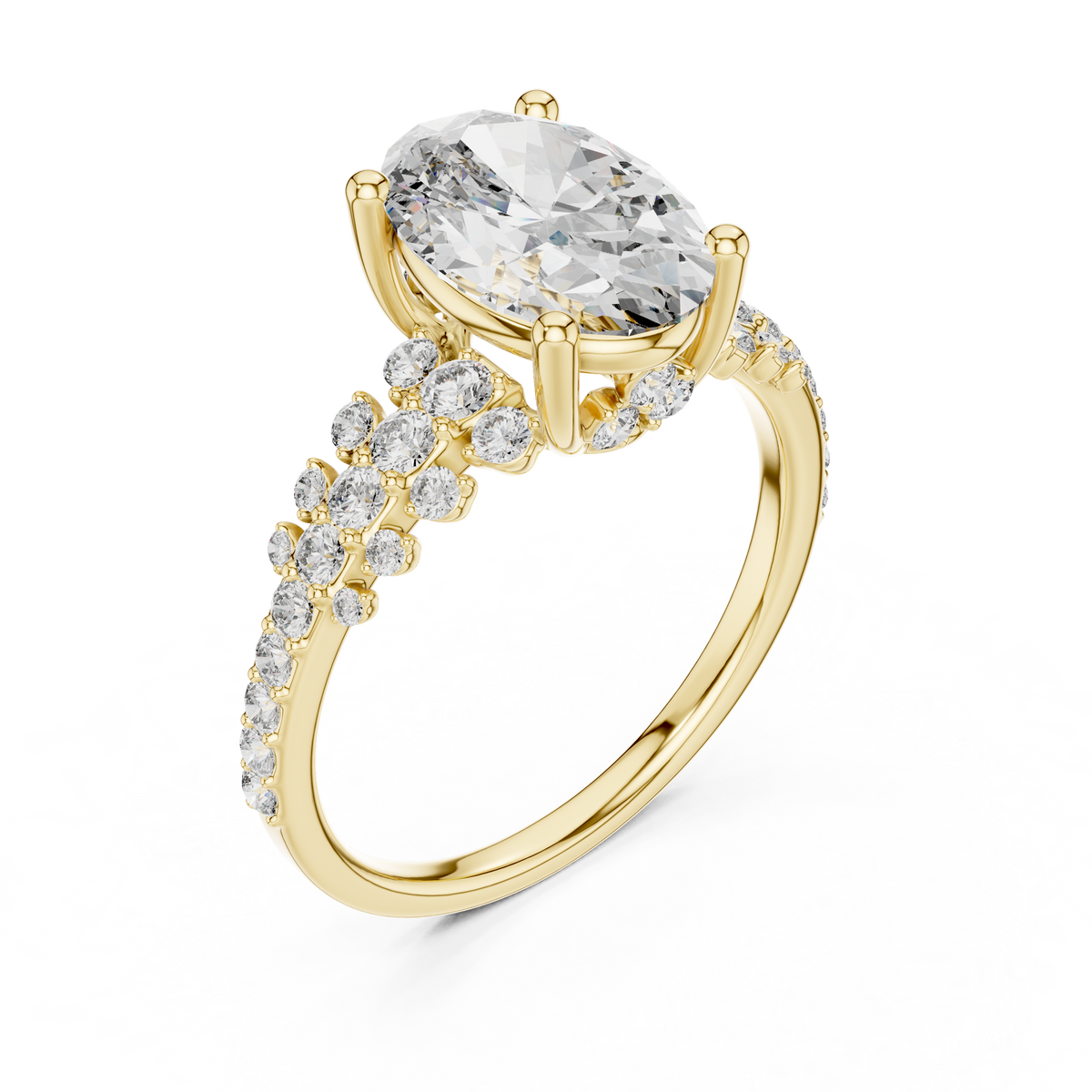 Yellow gold lab grown diamond oval cut ring with scattered accents, angled view