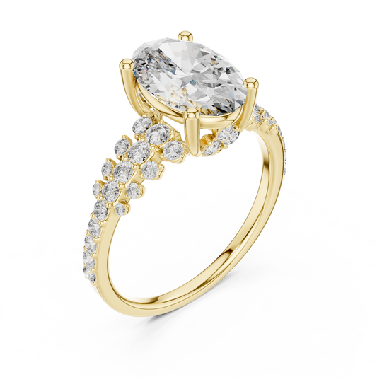 Yellow gold lab grown diamond oval cut ring with scattered accents, angled view