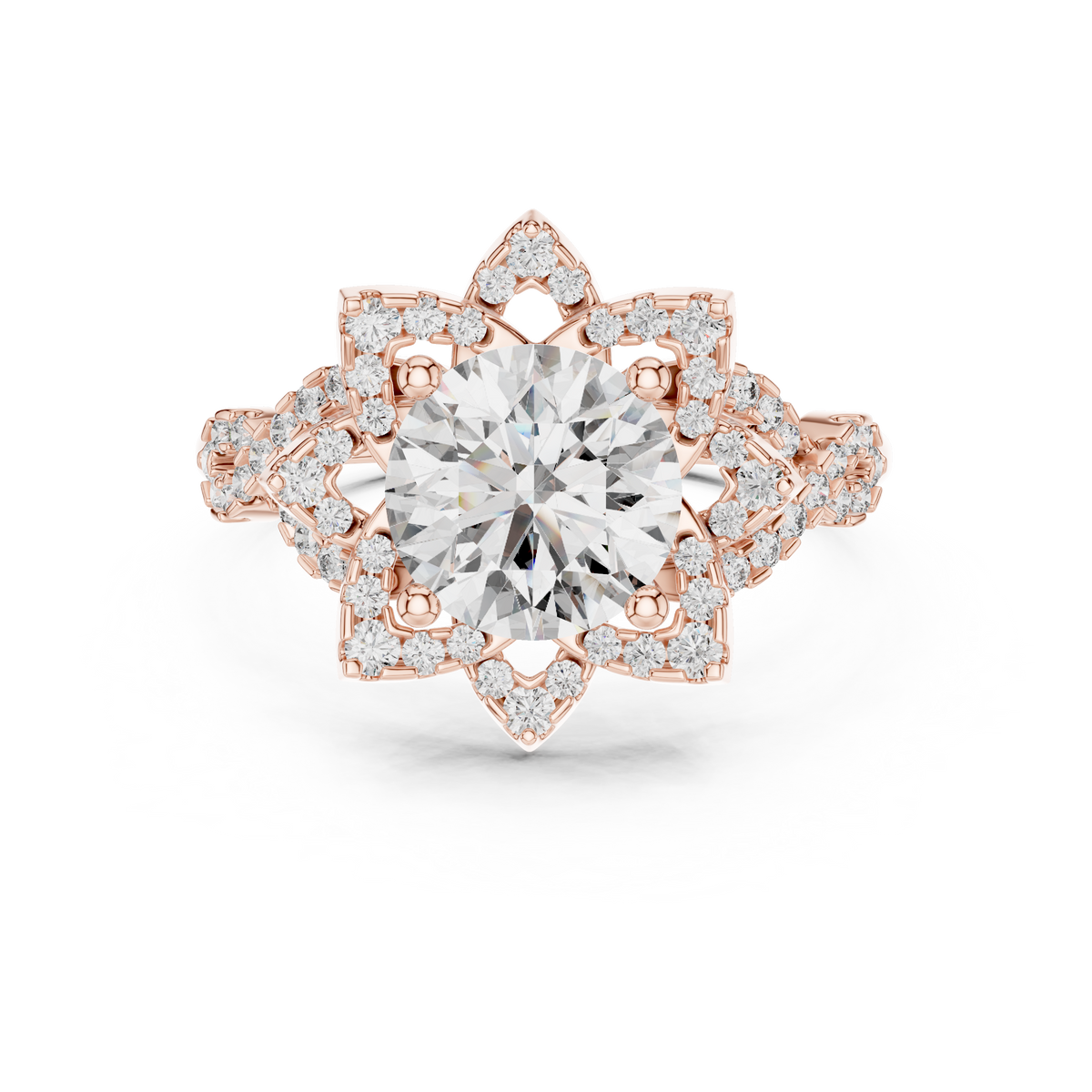 Rose gold 1.5 CT lab grown diamond round cut lotus halo ring, front view