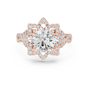 Rose gold 1.5 CT lab grown diamond round cut lotus halo ring, front view