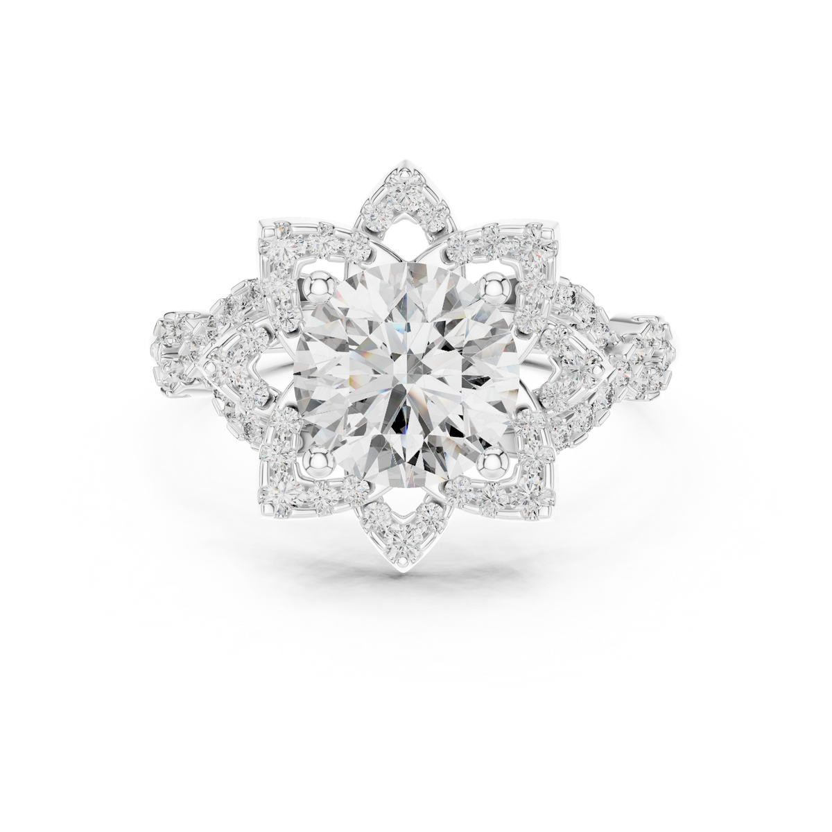 White gold 1.5 CT lab grown diamond round cut lotus halo ring, front view