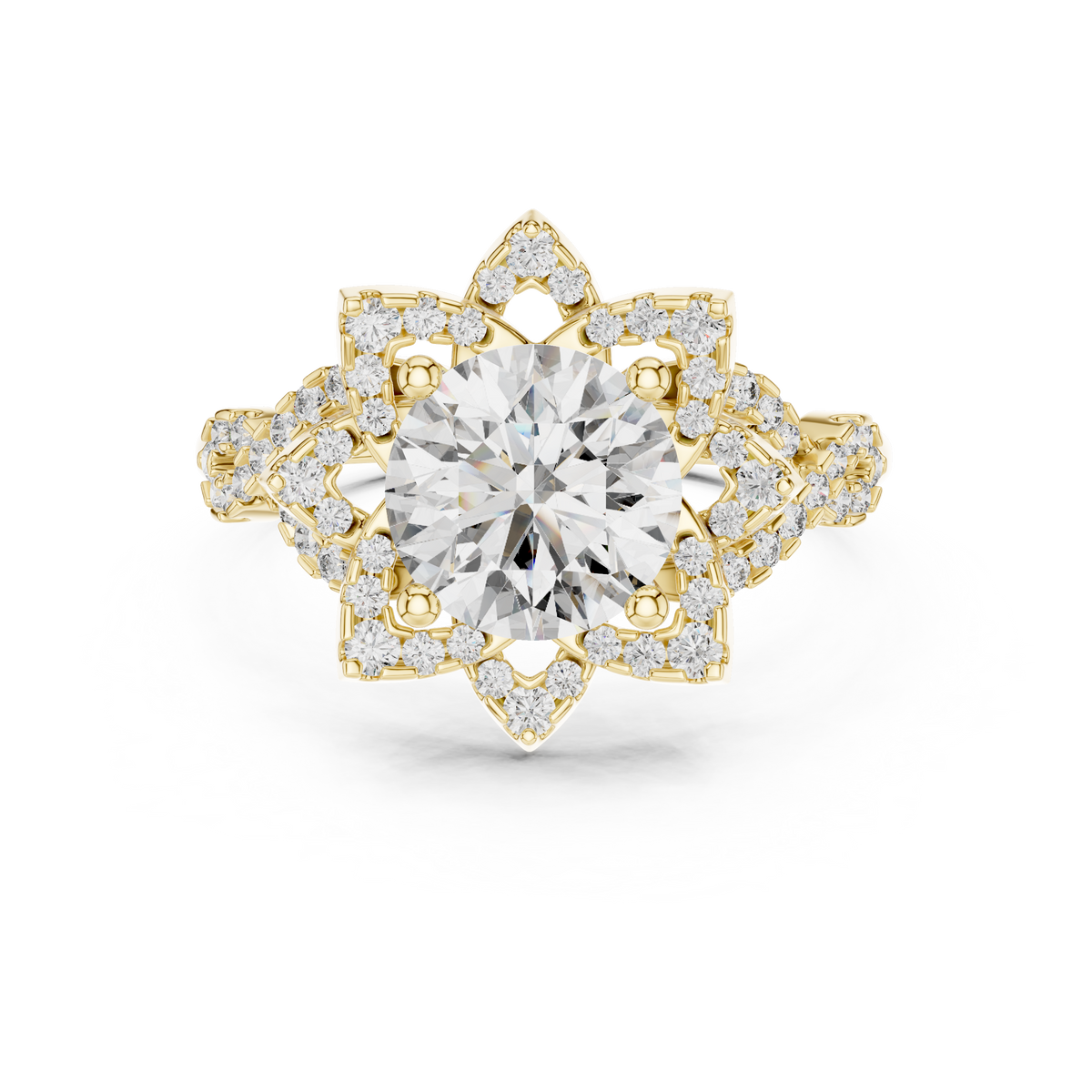 Yellow gold 1.5 CT lab grown diamond round cut lotus halo ring, front view