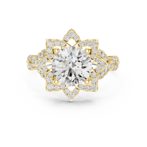 Yellow gold 1.5 CT lab grown diamond round cut lotus halo ring, front view