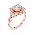 Rose gold lab grown diamond round cut lotus halo ring, angled view
