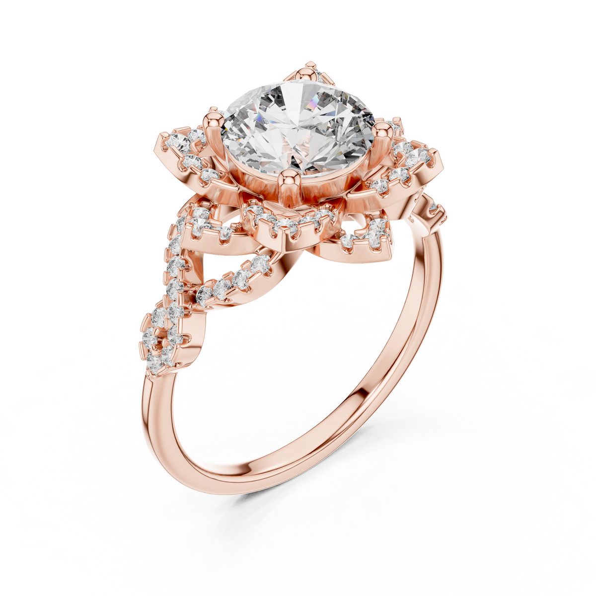 Rose gold lab grown diamond round cut lotus halo ring, angled view
