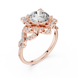 Rose gold lab grown diamond round cut lotus halo ring, angled view