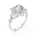 White gold lab grown diamond round cut lotus halo ring, angled view