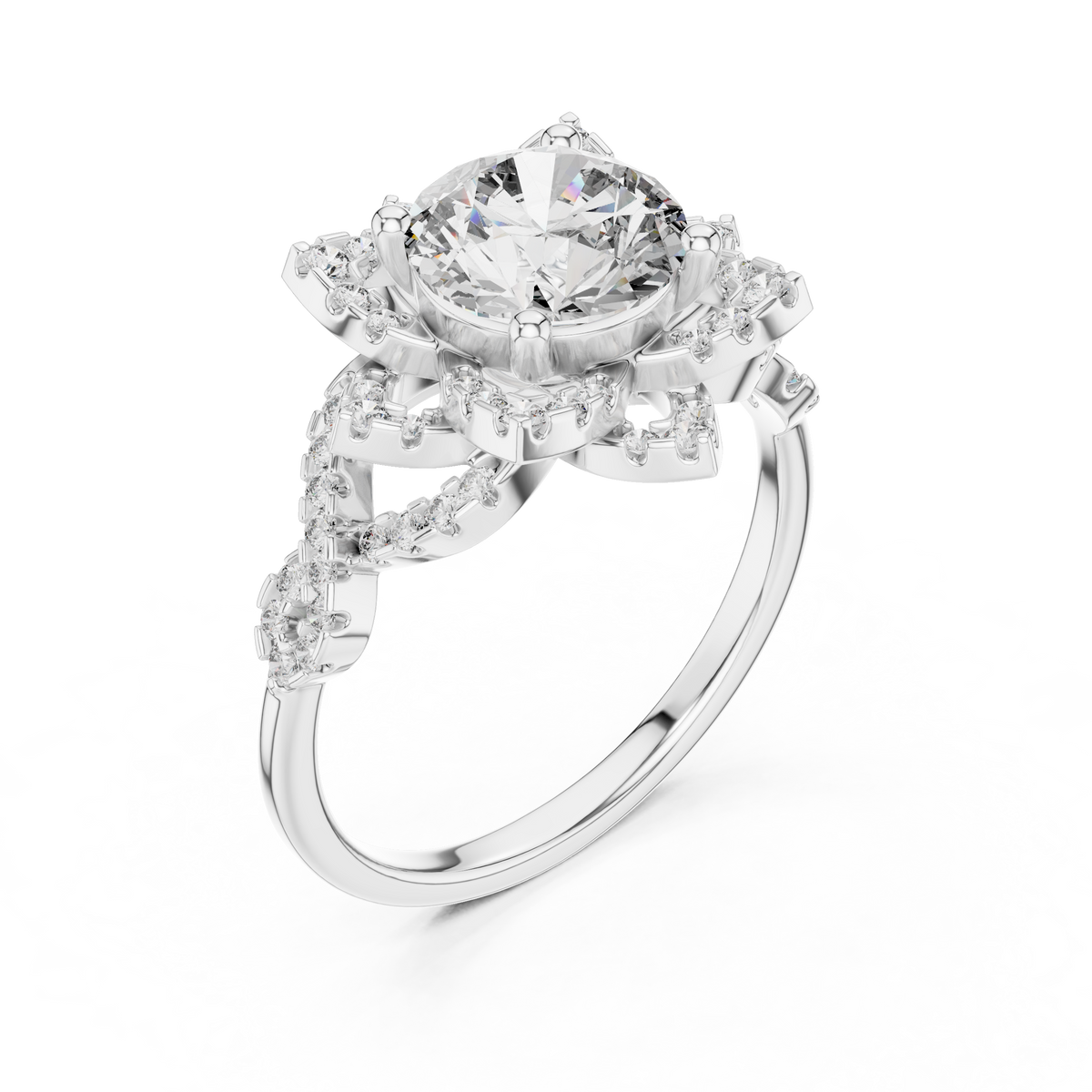 White gold lab grown diamond round cut lotus halo ring, angled view