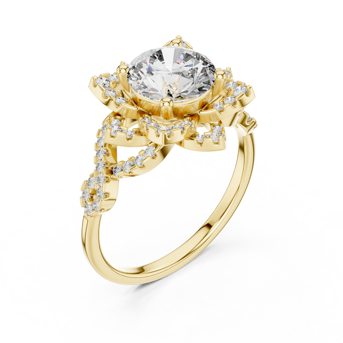 Yellow gold lab grown diamond round cut lotus halo ring, angled view