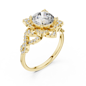Yellow gold lab grown diamond round cut lotus halo ring, angled view
