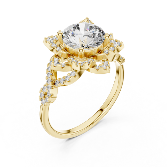 Yellow gold lab grown diamond round cut lotus halo ring, angled view